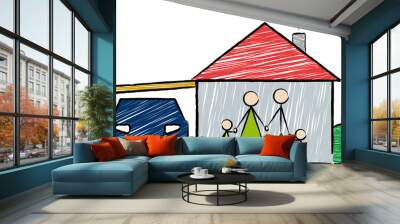 Junge Familie mit Haus und Auto Wall mural