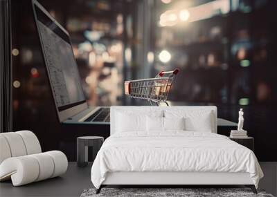 online shopping, digital shopping cart, e-commerce, person typing on a laptop, to buy products & ser Wall mural