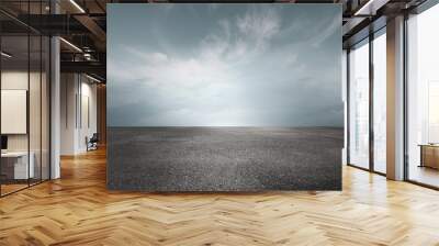 Sky Background Horizon with Dramatic Clouds and Empty Dark Asphalt Street Floor Wall mural