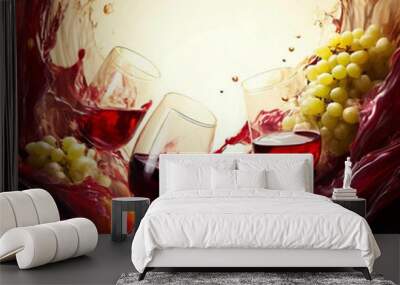 Photorealistic wine background with wine glasses, grapes and splashes of wine. Backdrop and frame for restaurant menu, bar or store. Wall mural