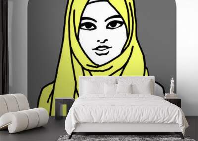 Young Arab woman with beautiful face in traditional fashion hijab head wear. Hand drawn isolated illustration. Line style comics cartoon drawing.  Wall mural