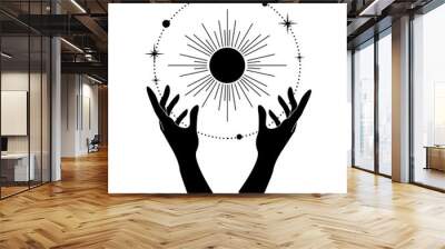 Magic Hands with mystical magic symbols-eyes, sun, phrases of moon, stars Wall mural