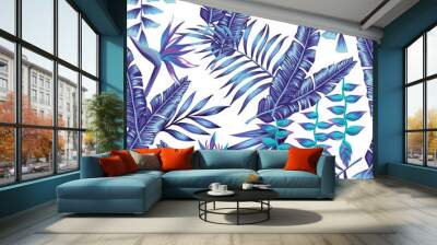 blue tropical flowers and palm leaves seamless background Wall mural