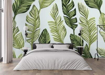 Green banana leaves seamless white backgorund Wall mural