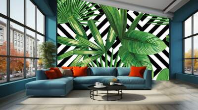 tropical palm leaves pattern, geometric background Wall mural