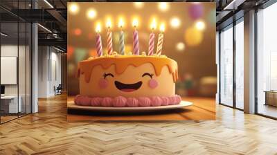 A cheerful cartoon birthday cake with candles Wall mural