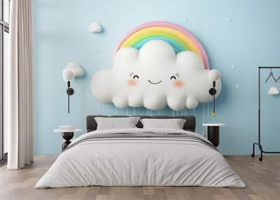 A cheerful cloud with a colorful rainbow and raindrops, brightening up a pastel blue background during a sunny day

 Wall mural