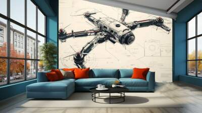 A detailed illustration of a quadcopter drone design laid out on technical blueprint plans with precise measurements and annotations Wall mural