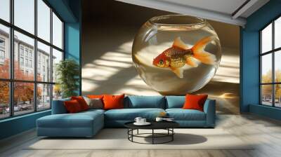 A goldfish swims gracefully in a glass bowl, illuminated by soft sunlight in a tranquil indoor setting during the afternoon Wall mural