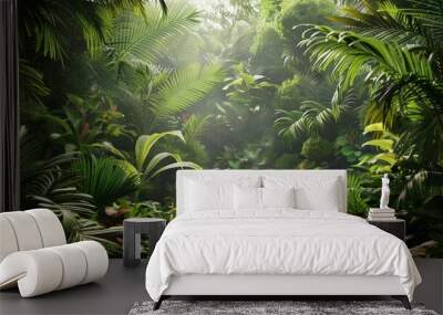 A lush jungle scene filled with various tropical plants and trees  Wall mural