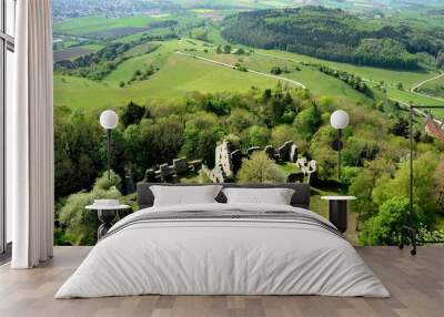 Ancient ruins nestled among lush green hills in the countryside during a clear day Wall mural