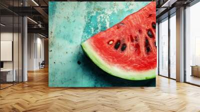 Close-up of a fresh watermelon slice on a textured blue surface, highlighting the vibrant colors and seed details in natural light Wall mural