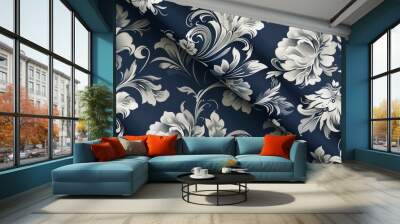 Intricate silver floral design on a dark navy blue background, offering a classic and sophisticated aesthetic, suitable for elegant decor and fashion designs. Wall mural