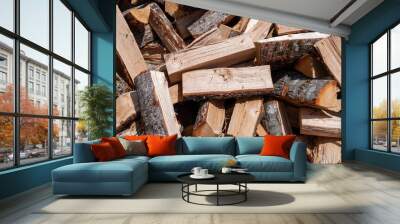 Chopped firewood with oak and maple logs in morning light. Wall mural