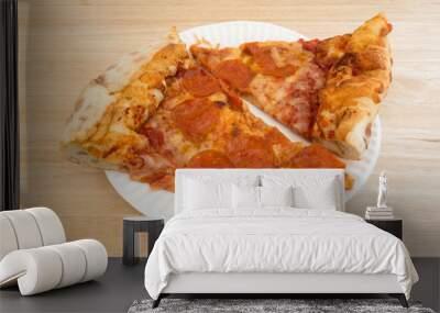 Two slices of pepperoni pizza on a paper plate Wall mural