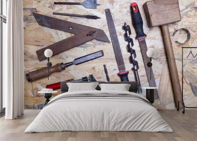 carpenter's tools on a wooden background Wall mural