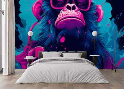 Gorilla monkey Gang boss in Glasses and hat, illustration Wall mural