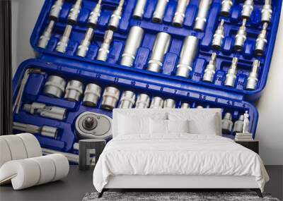 automotive tool kit chrome vanadium in a blue case on a white background Wall mural