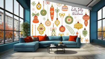 Vector set of Christmas ornaments hanging on ribbons. Vintage Xmas decorative elements are isolated on white. Cute hand drawing poster for Christmas and New Year. Wall mural