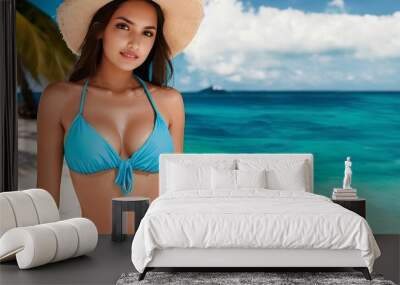 a beautiful young woman in a bikini standing on a beach, generative ai Wall mural