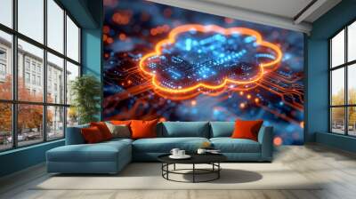 A glowing cloud-shaped circuitry illuminates the obsidian backdrop, an embodiment of the intricate web of technology infrastructure and the essence of cloud computing.
 Wall mural