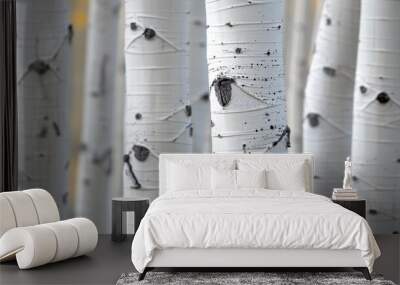 Aspen (Populus tremuloides): Identified by their quaking leaves and white bark, aspens create expansive clonal colonies, forming striking and cohesive forest communities.
 Wall mural