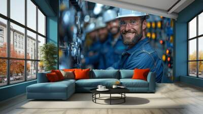 Industrial Engineer with Team at Electrical Panel, Wearing Safety Gear and Smiling Wall mural