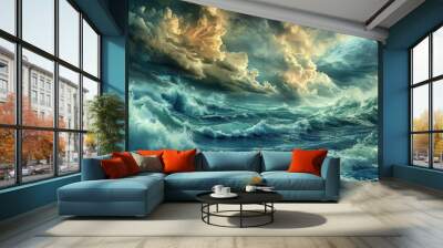 Ocean Waves Background: A dramatic seascape featuring powerful ocean waves crashing against rocky cliffs under stormy skies.
 Wall mural