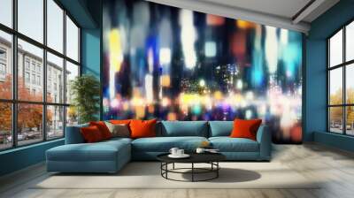 Abstract city lights bokeh motion blur streaks, long exposure bright colorful illuminated streets and glowing windows, background out of focus wide angle - generative AI. Wall mural