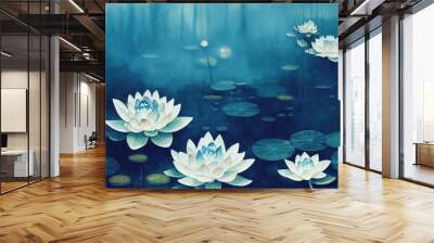 beautiful watercolor styled blooming white water lily lotus flowers. dreamy fairytale feel in faded  Wall mural