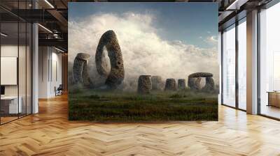 Cloudy overcast foggy morning with Imaginative surreal ancient druid stone megaliths in grass field - eroded rock inscriptions and symbols adorn the pillars. Magical and mysterious wonder.   Wall mural