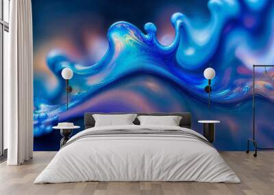 Colorful iridescent blue fluid water in motion with curves and turbulent flowing waves backdrop macro. Wall mural