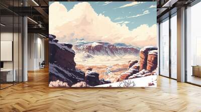 Desert valley landscape covered in snow, towering sandstone rock formation cliffs, distant mountains and cold winter clouds - Generative Ai Wall mural