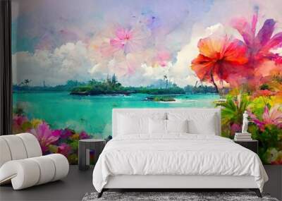 Dreamy tropical island paradise with colorful exotic flowers, palm trees and jungle vegetation. Turquoise blue lagoon and summer rain clouds in background.  Wall mural