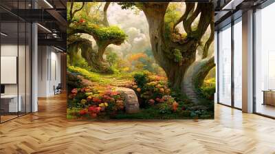 Enchanted magic kingdom forest, majestic ancient old oak trees towering high over the mystical woodland glade in warm autumn colors. Dreamy surreal fairytale fantasy art illustration. Wall mural