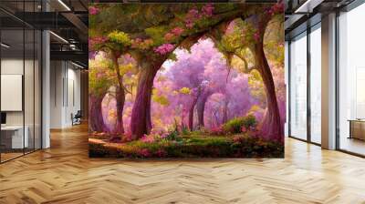 Enchanting surreal forest of purple and pink cherry tree blossoms, dreamlike spring season vegetation, otherworldly, natural beauty, vibrant and imaginative - high detail generative ai. Wall mural