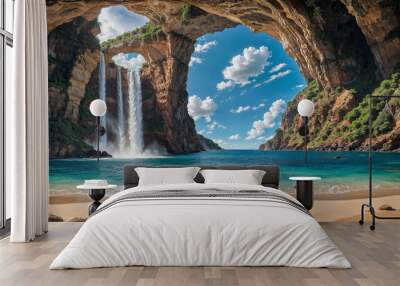 Fantasy landscape of towering rock formations and high waterfalls, idyllic summer paradise cove on island of pristine empty sand beaches and turquoise blue ocean.  Wall mural