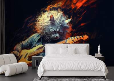 Hard rock metal guitarist cat with unruly long fur hair and cool leather jacket playing an electric guitar on concert stage - insanely wild and unique feline portraiture illustration - generative AI  Wall mural