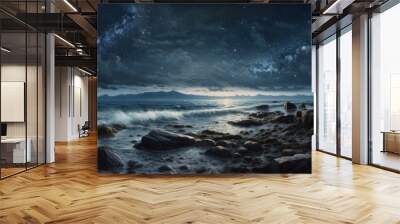 Rocky shore seascape with unspoiled sandy beach, quiet calm late night milky way stars sky and clouds, gentle ocean waves, illuminated by the moon, panoramic widescreen view - generative AI Wall mural