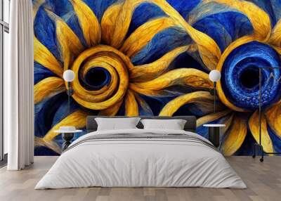 Surreal ammonite swirls and petal spirals with golden yellow sunflowers and darker Prussian blue colors. Imaginative floral fresco type illustration art that is out of the ordinary and fascinating.  Wall mural