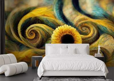 Surreal ammonite swirls and petal spirals with golden yellow sunflowers and hints of teal green colors. Imaginative floral fresco type illustration art that is out of the ordinary and fascinating.  Wall mural