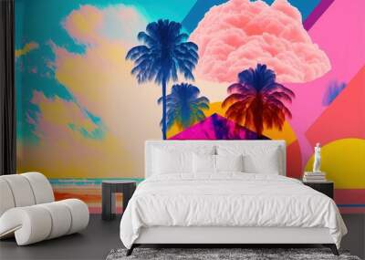 Tropical paradise vacation beach house, palm trees and summer sky clouds in a rainbow of multi colors. 	 Wall mural