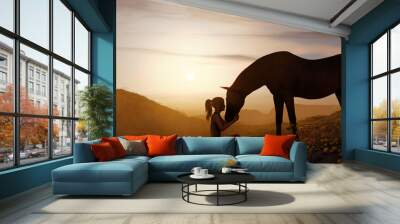 Unbreakable bond of friendship between a young girl and her stallion horse, affectionately holding his head at orange sky sunset in silhouette. Beautiful scenic flower landscape. 3D rendering.  Wall mural