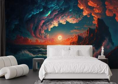 World within worlds - moon as a portal rift to another dimension in time and space with turbulent ocean waves and surreal clouds. Fantasy unreal sci-fi seascape - Generative AI illustration. Wall mural