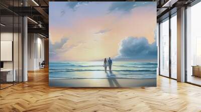 Young couple in love standing on the beach, romantic sunset dusk blue sky clouds, vast panoramic ocean view, summer night vacation, serenity and peace, enjoying the moment together - generative AI Wall mural