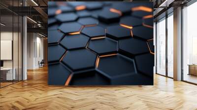 Abstract black hexagons background. 3D render Wall mural