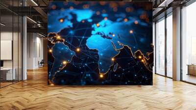 Abstract digital world map, concept of global network and connectivity on Earth, data transfer and cyber technology, information exchange and international telecommunication Wall mural