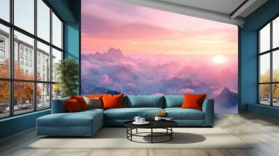 Picturesque panorama of mountains in fog and cloudsin a beautiful sunrise light. Based on Generative AI Wall mural