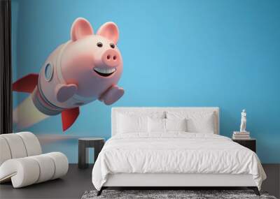 Piggy bank on a flying rocket on yellow. Financial, investing, savings and wealth management solution concept. Wall mural