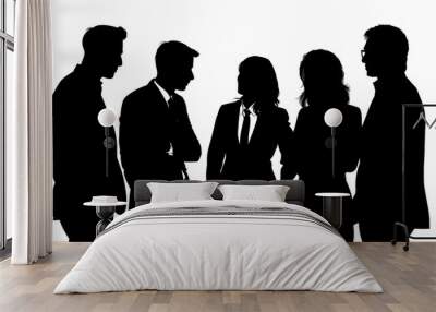 silhouettes of men and a women, a group of standing business people, black color isolated on white background. Wall mural